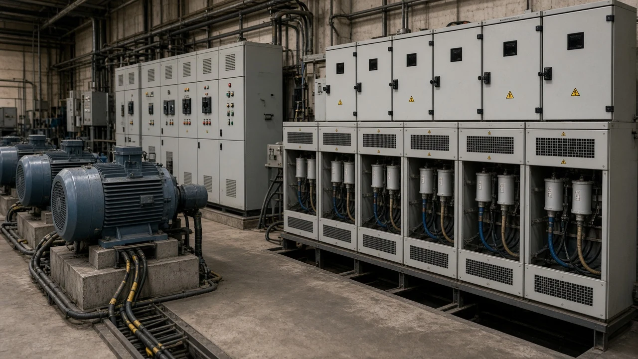 Motor-heavy plant and stepped capacitor bank context for why exact power factor 1.0 is rare