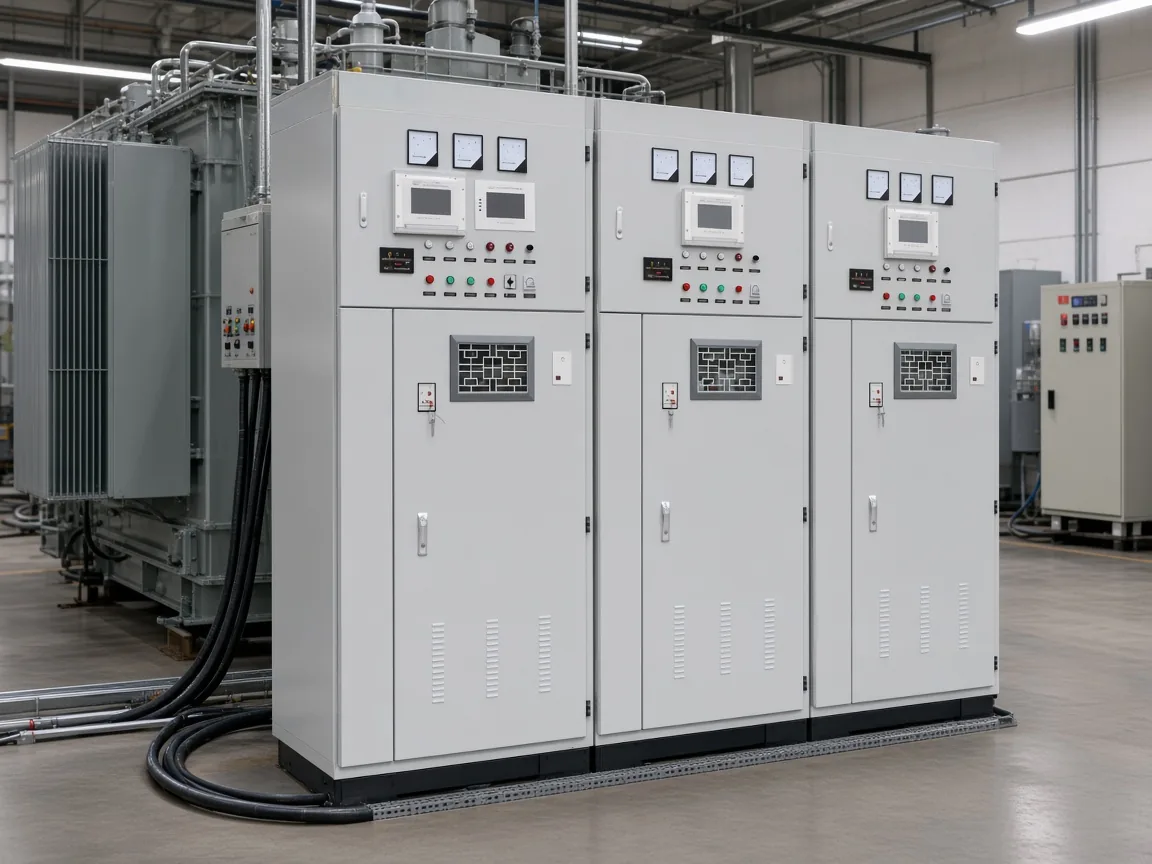 Three-bay reactive power cabinets on a plant bus beside a transformer