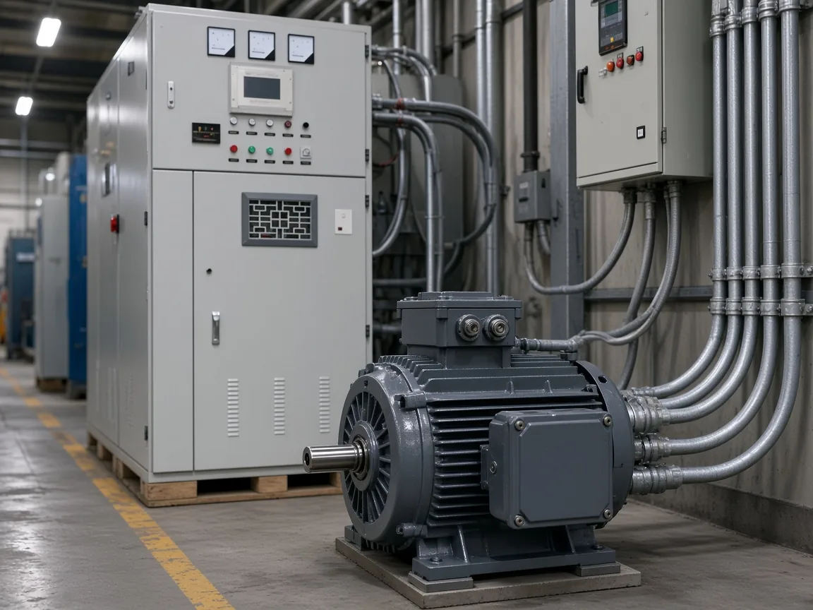 Three-phase motor and conduit in front of a gray compensation cabinet