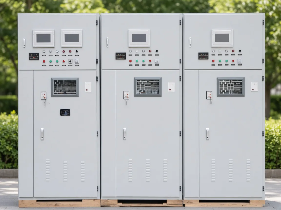 Closed metal-enclosed cabinet outdoors with blank instrument faces