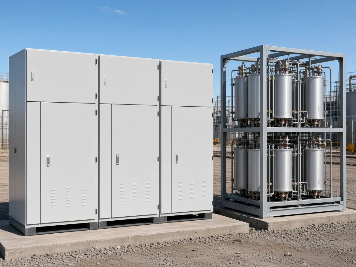 Metal-enclosed cabinet beside an open rack outdoors