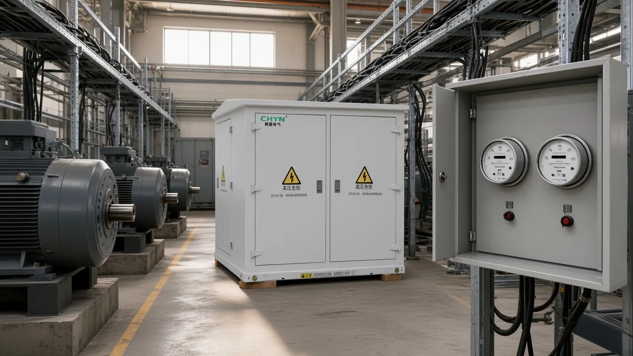 Industrial aisle with a CHYN high-voltage cabinet and power-factor meters showing leading versus lagging