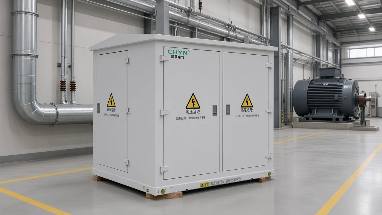 High-voltage compensation bay with a CHYN cabinet near bus duct after a large motor