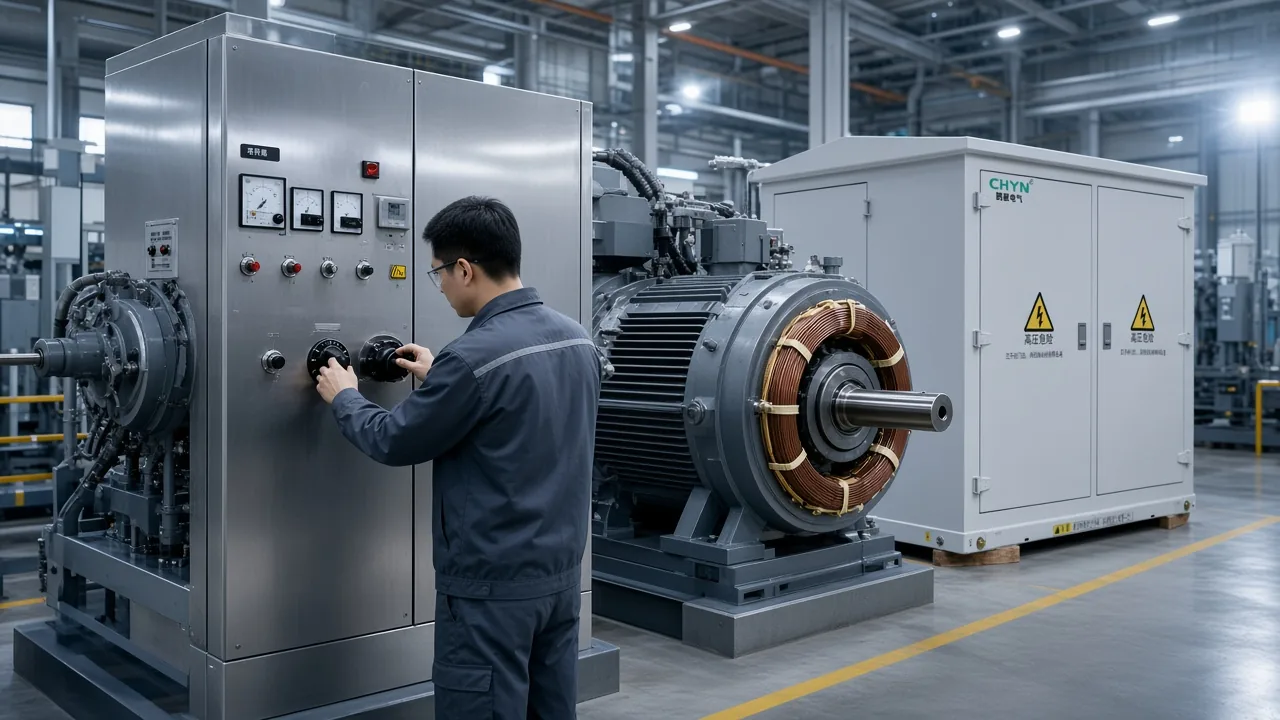Engineer adjusting field current on an excitation cubicle beside a synchronous motor and a CHYN cabinet