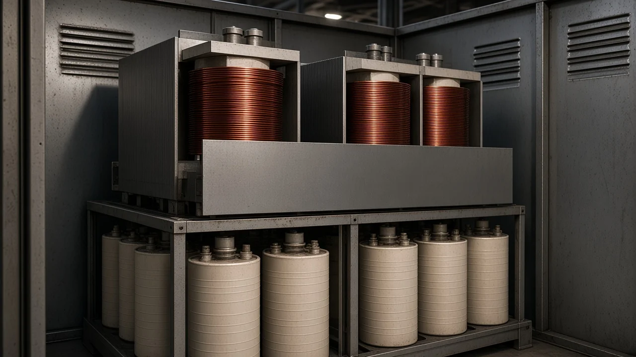 Detuned reactors mounted above capacitors with a metal barrier in a PFC cubicle