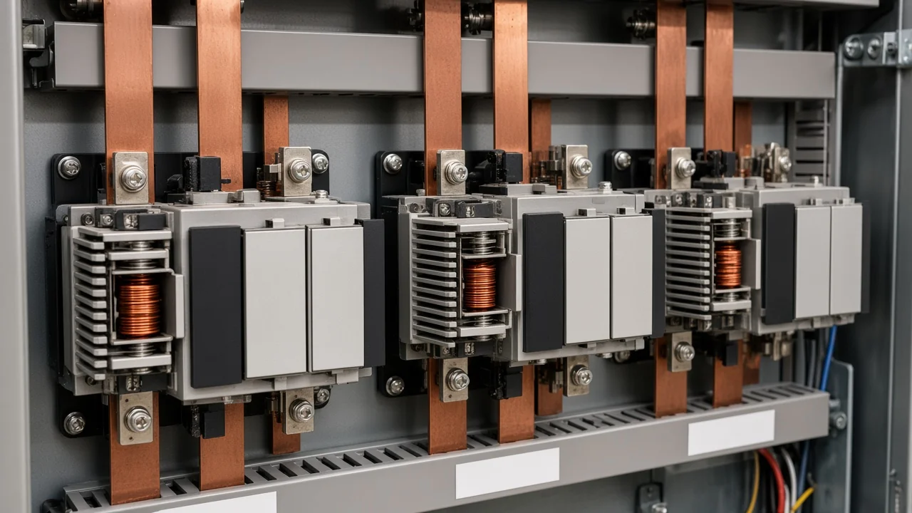 Stepped capacitor-reactor trays and copper droppers inside an APFC cabinet