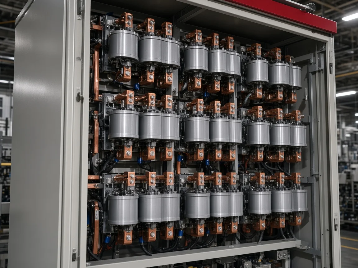 Rows of power factor correction capacitors inside a low-voltage compensation cabinet