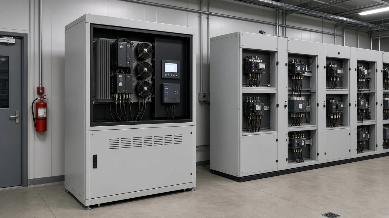 Low-voltage active harmonic filter cabinet beside industrial auxiliary switchgear