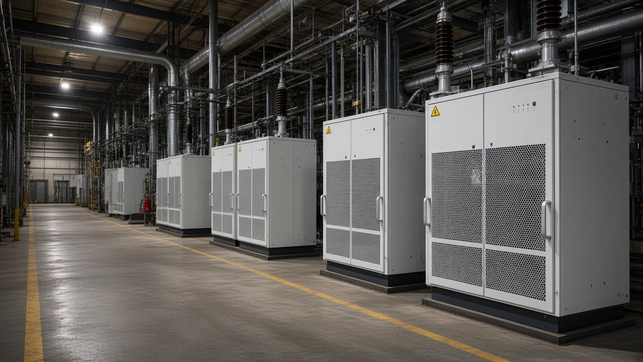 Medium-voltage static var generator cabinets in a plant substation aisle