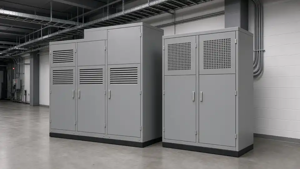 Stepped capacitor bank cabinet beside a harmonic-filter style cabinet in a commercial switchroom aisle