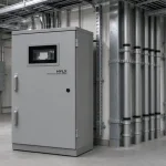 Zero-sequence absorber cabinet in a large commercial building electrical room beside vertical feeder risers
