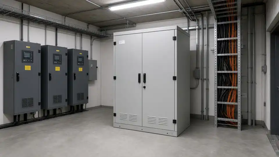 Commercial building electrical room with HVAC drive panels, elevator feeder, and IT-closet risers near a power quality cabinet
