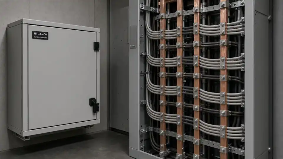 Shared vertical riser and neutral bus in a commercial tower electrical closet next to a compact absorber cabinet