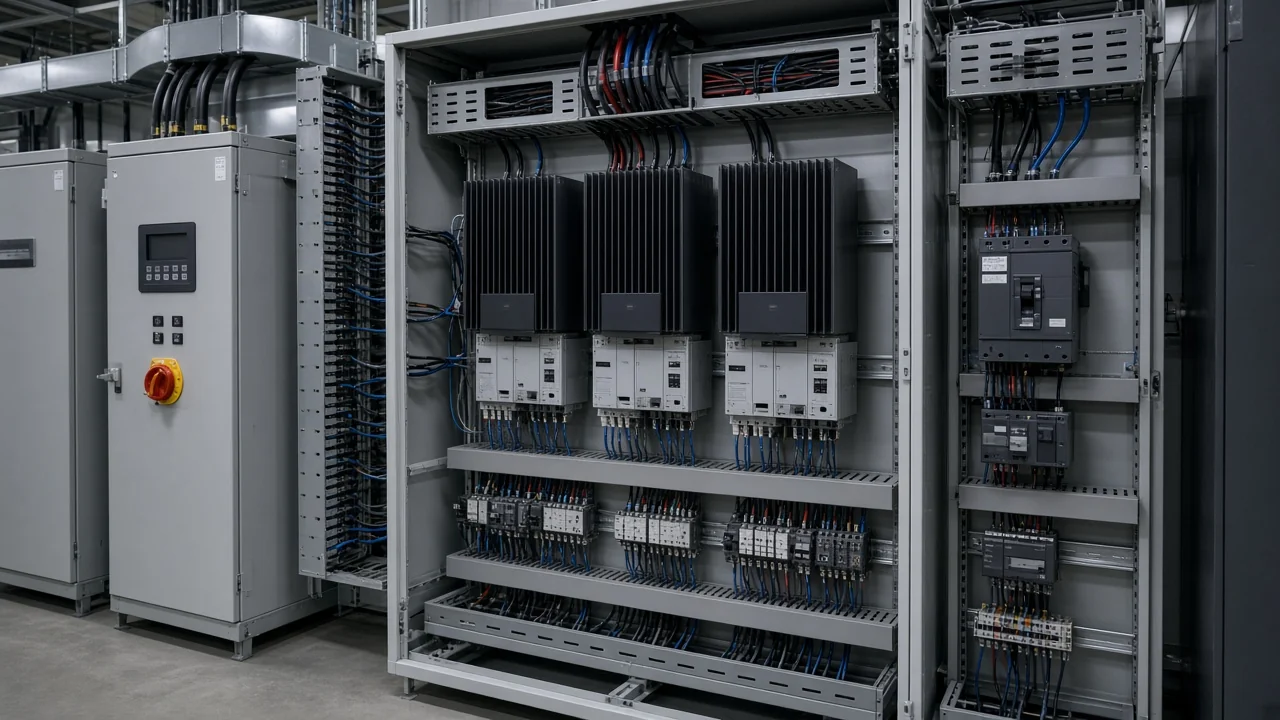 Modular active harmonic filter beside HVAC drive panels in a commercial building