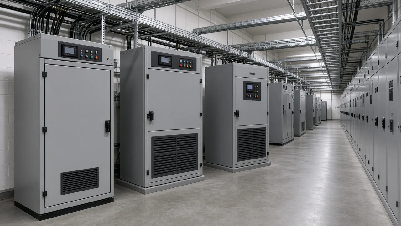 Power quality family cabinets along a commercial switchroom aisle