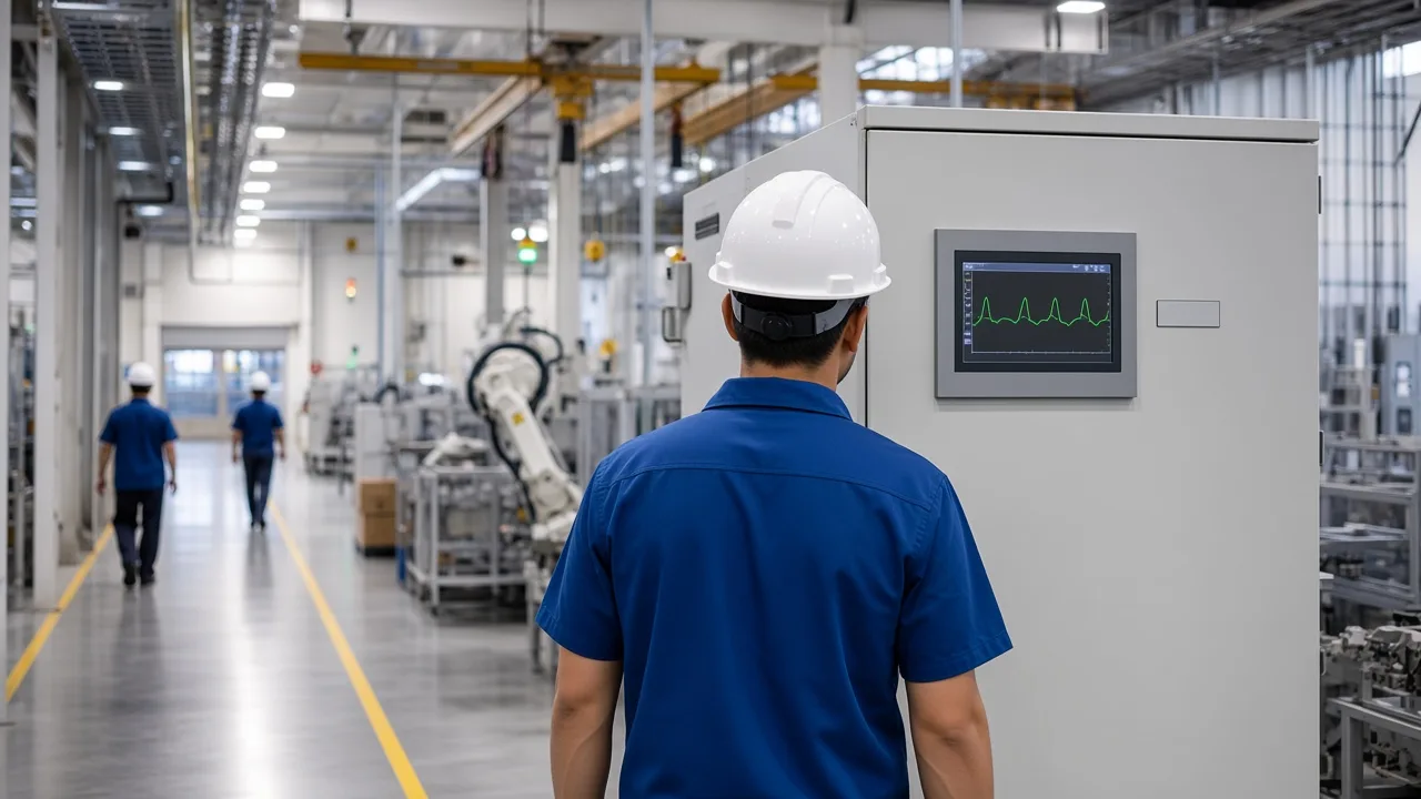 Engineer viewing an unlabeled meter on a cabinet that opens onto a factory aisle