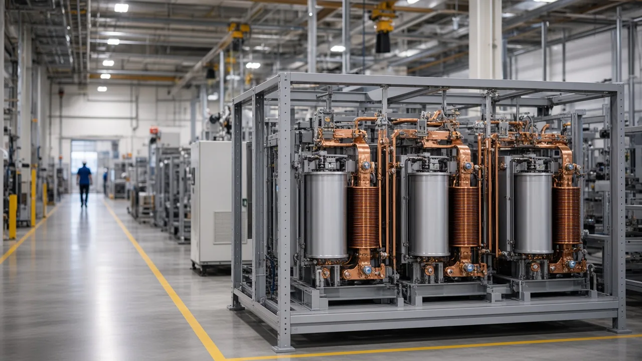 Open reactor and capacitor assembly in a manufacturing aisle with no visible brand marks