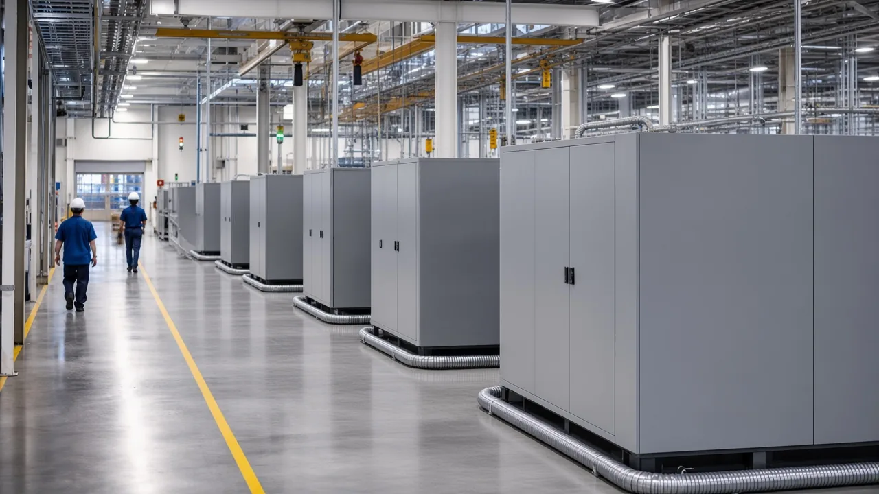 Row of unlabeled gray drive cabinets with flexible conduit along a factory aisle