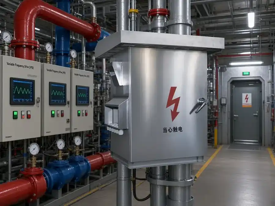 Power quality cabinet beside data-center chillers, VFD panels, and UPS corridor