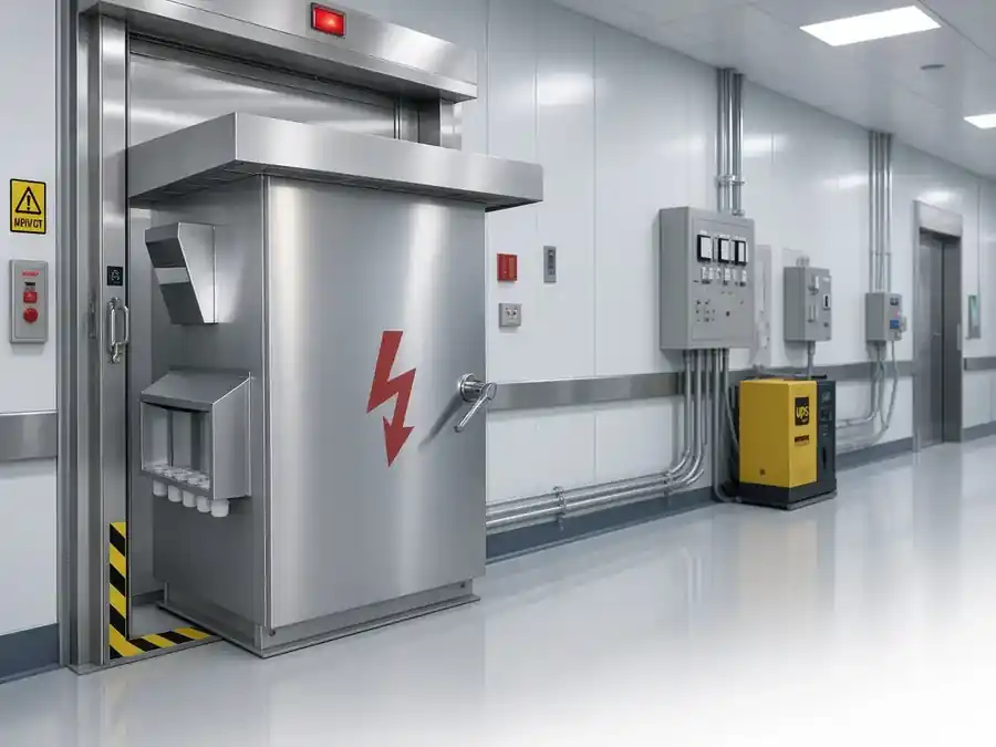 Power quality cabinet in a hospital electrical corridor near a medical imaging suite