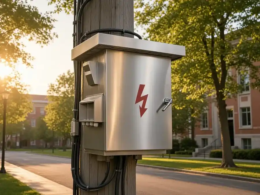 Pole-mounted outdoor three-phase imbalance correction cabinet on a campus LV feeder