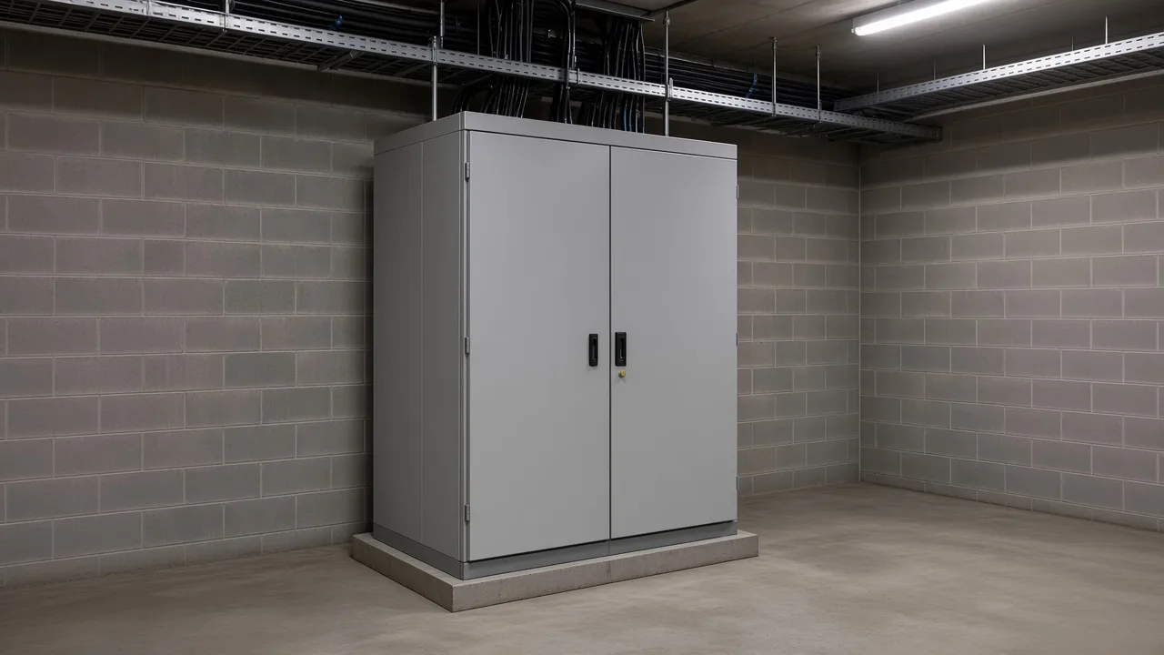 Floor-standing gray switchgear cabinet in an electrical room with cable tray