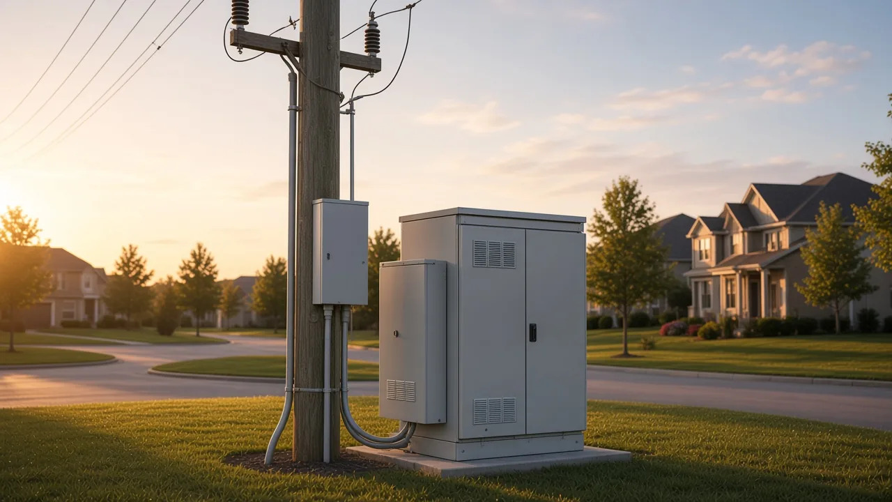 Pad-mounted cabinet and meter enclosure beside a residential distribution pole