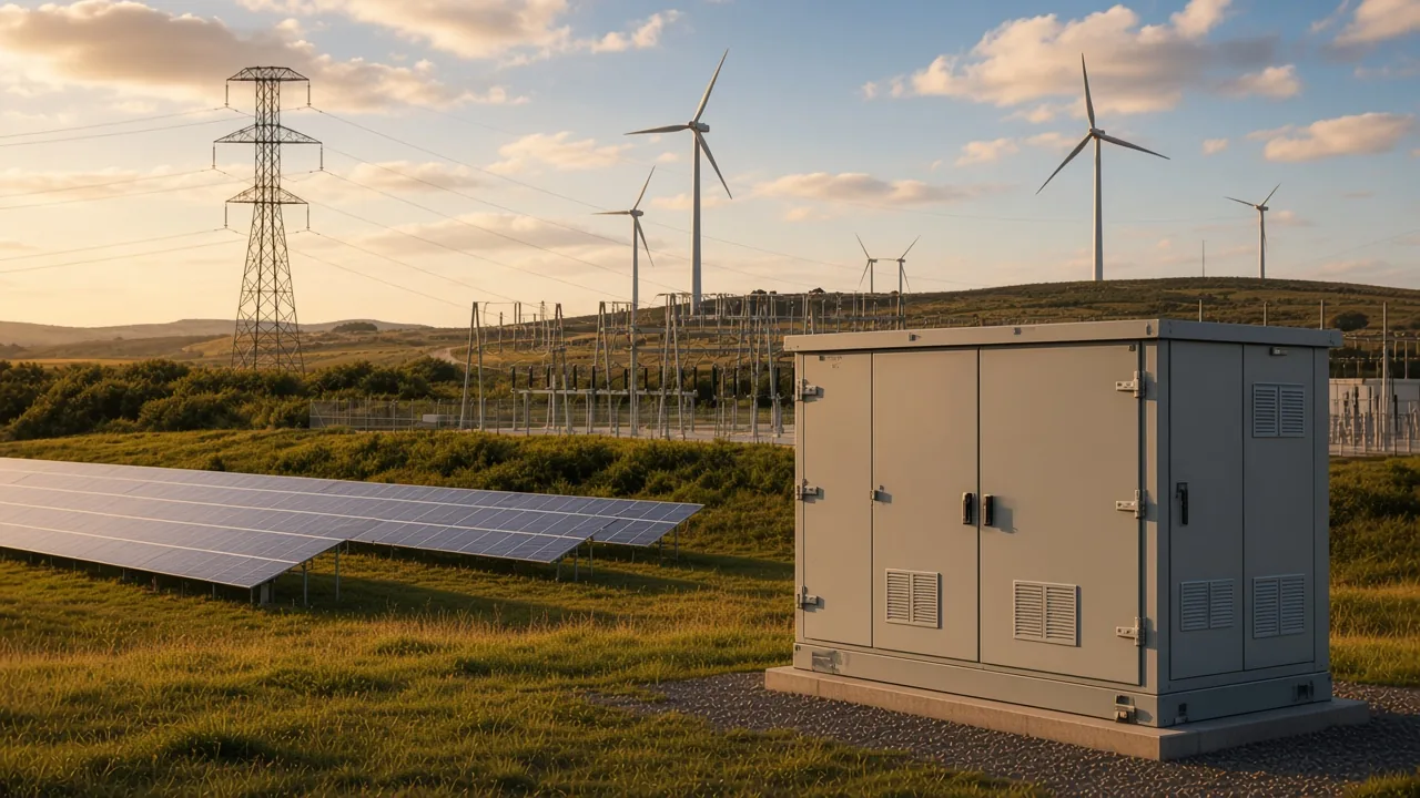 Outdoor cabinet at a solar and wind collector substation in late daylight