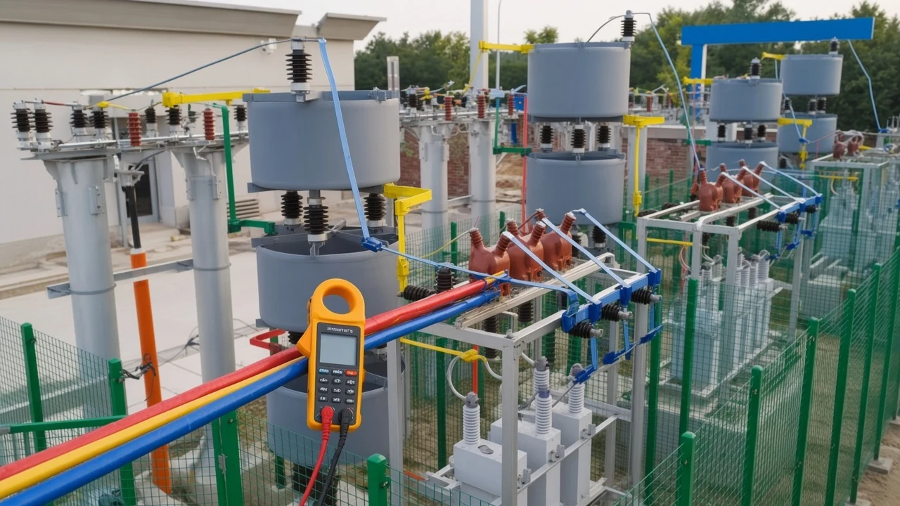 Clamp meter on a three-phase line at an outdoor high-voltage capacitor bank
