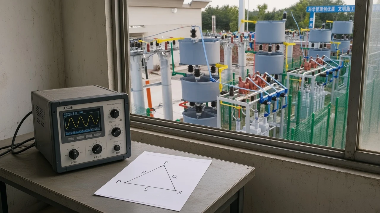 Power analyzer and power-triangle worksheet with a high-voltage capacitor frame outside