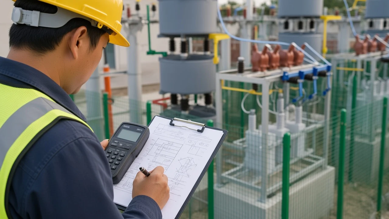 Engineer working a three-phase reactive power calculation beside a capacitor frame