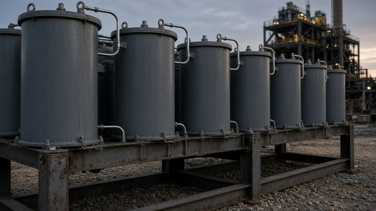 Unlabeled capacitor cans in an outdoor steel frame beside a mill
