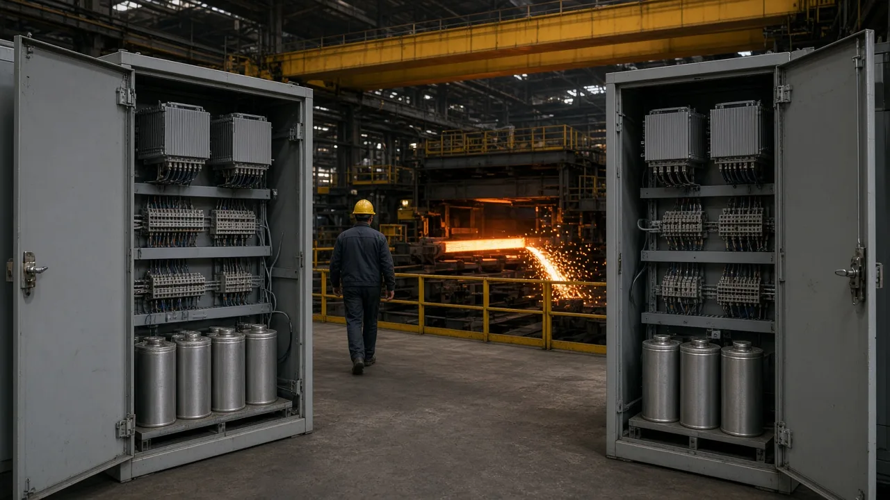 Unlabeled indoor compensation cubicles with open gray doors