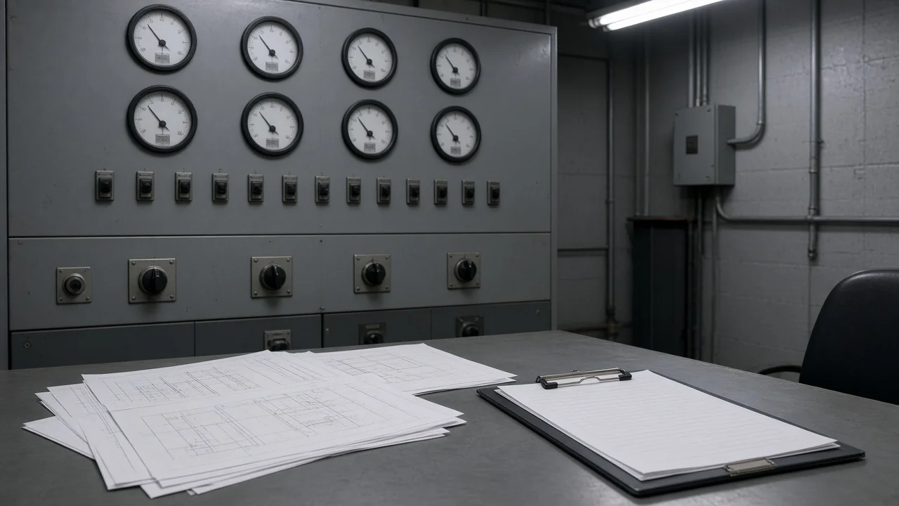 Unlabeled analog meters and unmarked drawings on a mill electrical desk