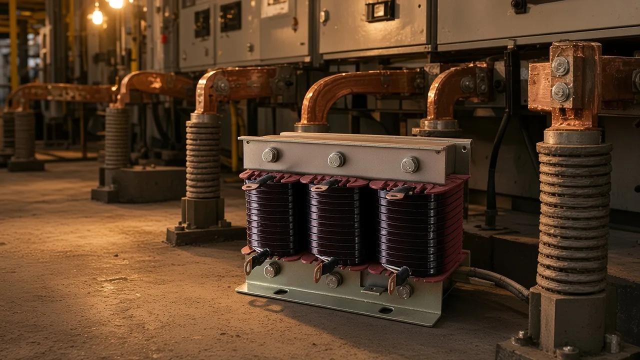 Unlabeled series reactor near open bus bars in a warmer electrical room