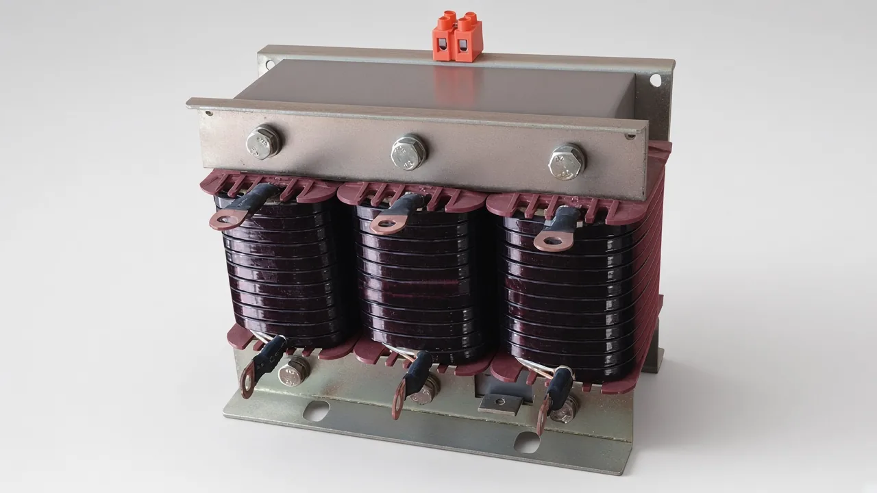 Series reactor with the nameplate covered, coils and terminals visible