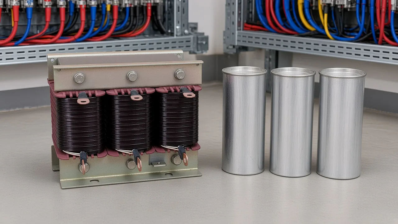 Unlabeled series reactor beside three capacitor outlines in an electrical room