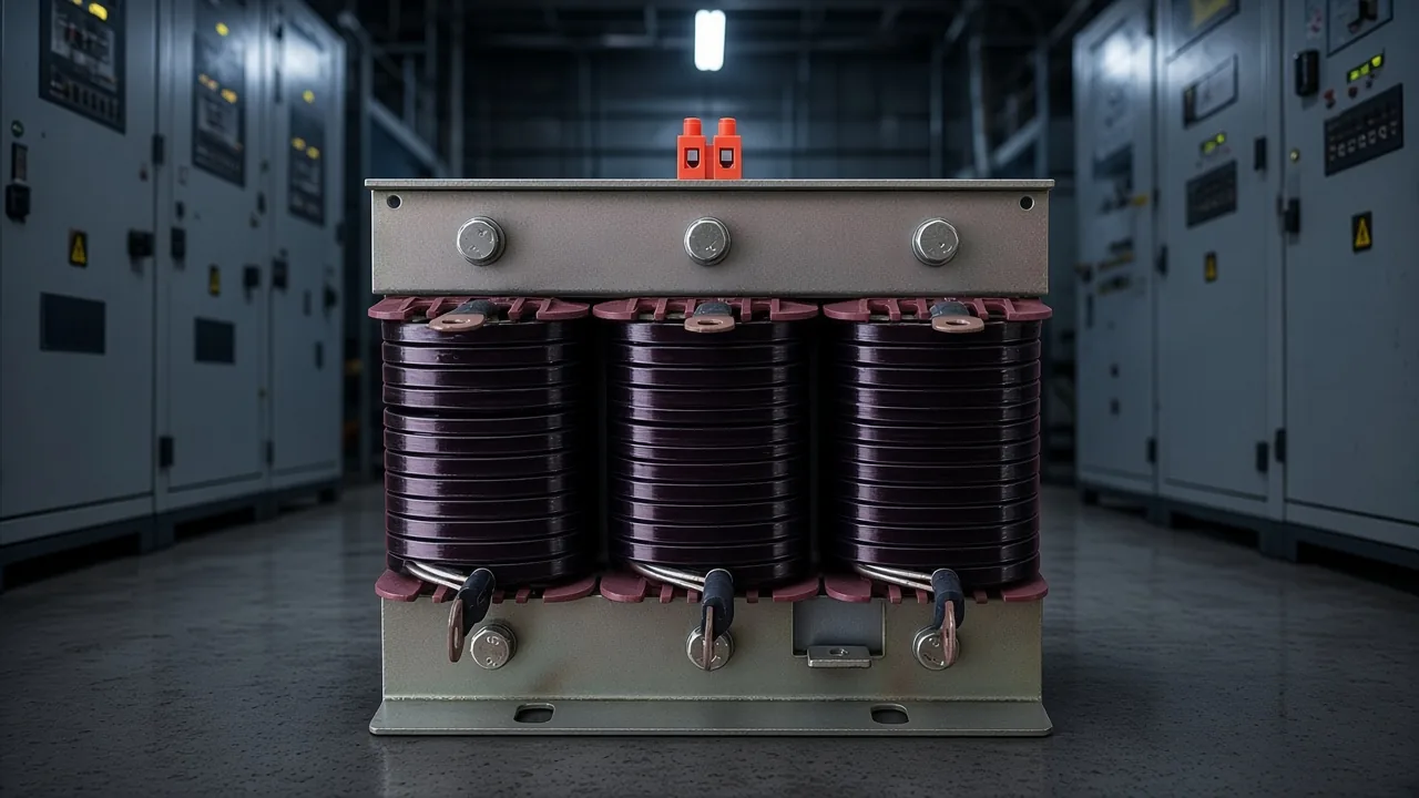 Unlabeled series reactor centered in a darker switchroom bay