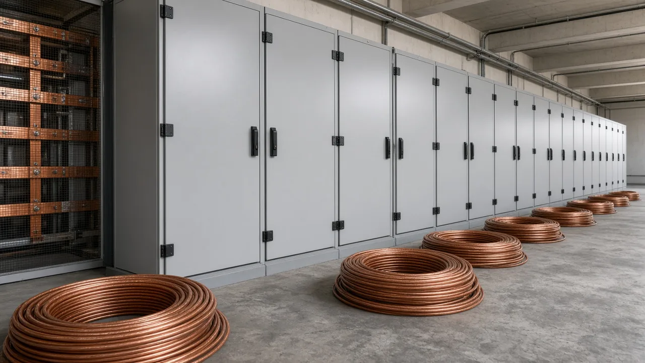 Gray switchgear cabinets and copper coils in an unlabeled industrial aisle