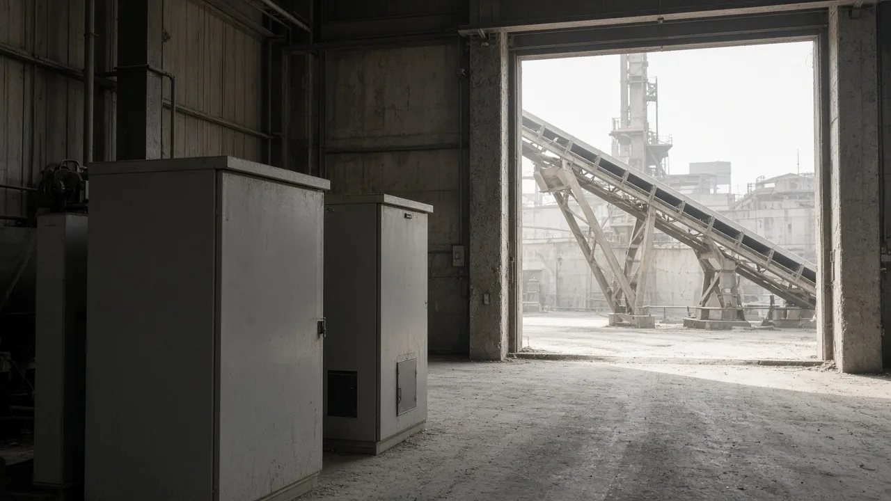 Plain gray electrical cabinets in a mill hall opening onto a conveyor