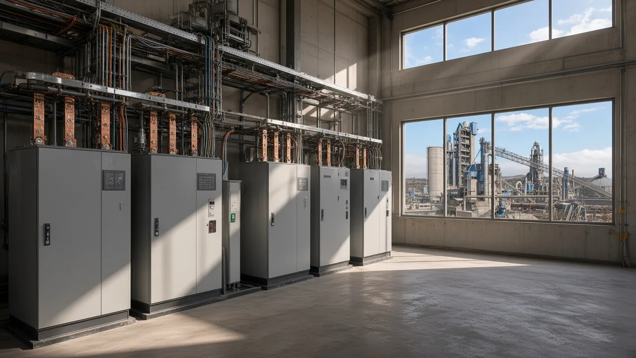 Floor-standing gray cabinets along a low-voltage bus with a cement plant outside