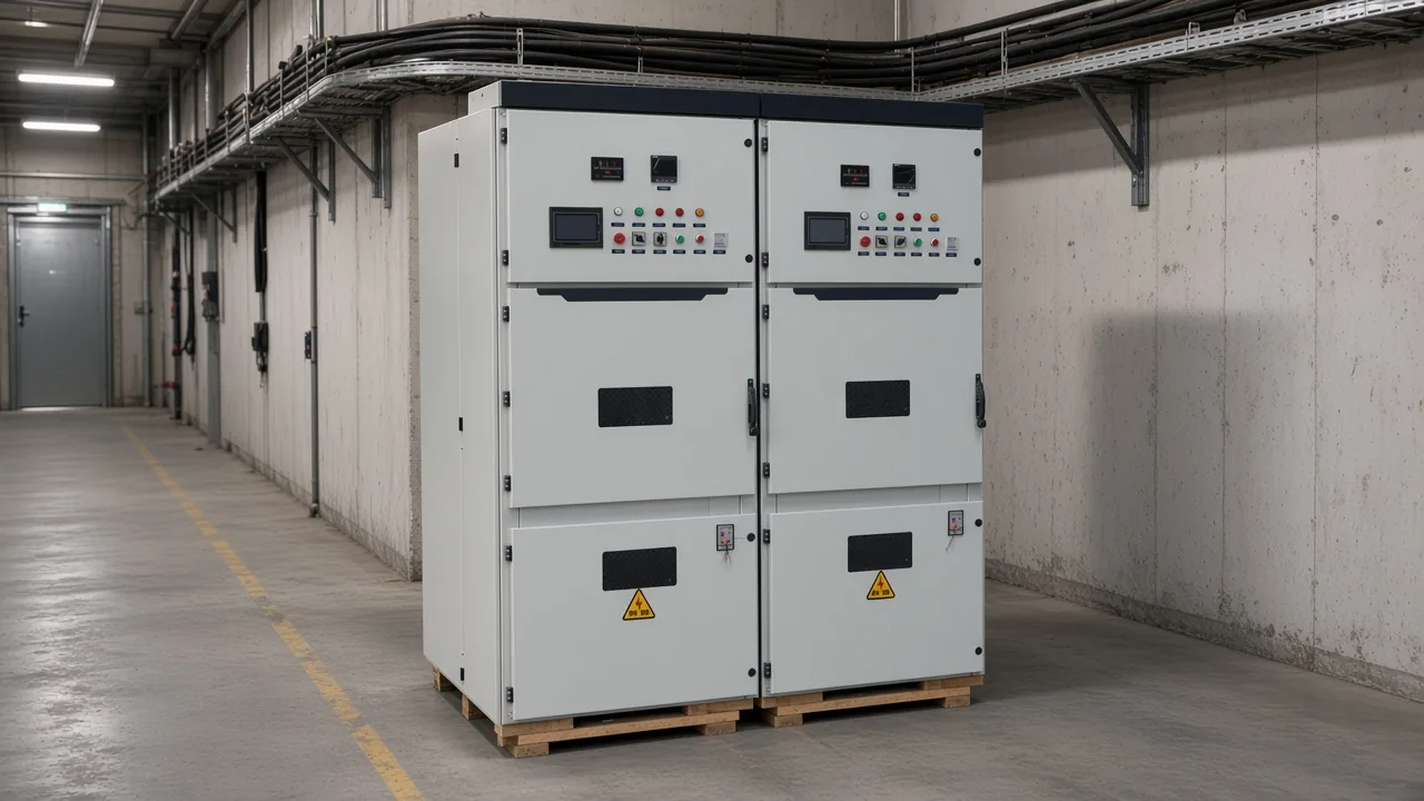 Gray soft-starter cabinet under a cable ladder in an electrical room