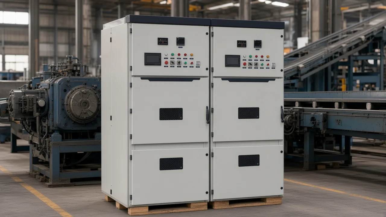 Gray soft-starter cabinet in a conveyor drive bay