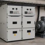 Gray soft-starter cabinet beside a large industrial motor in a motor room