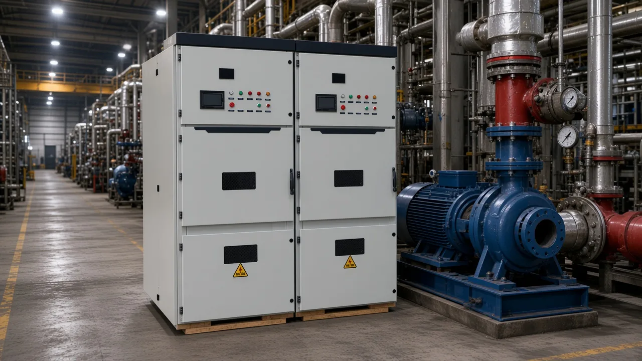 Gray soft-starter cabinet next to a pump in a plant aisle