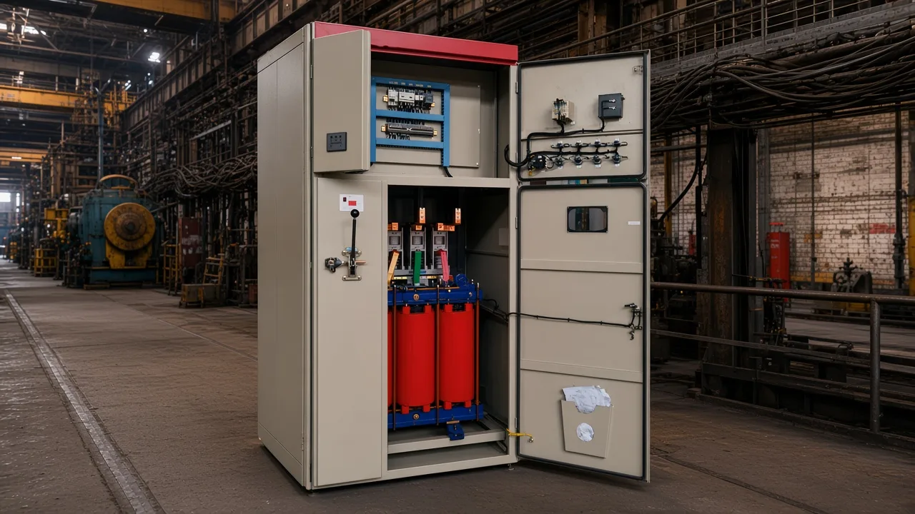 Beige high-voltage reactor starter cabinet standing in a mill aisle