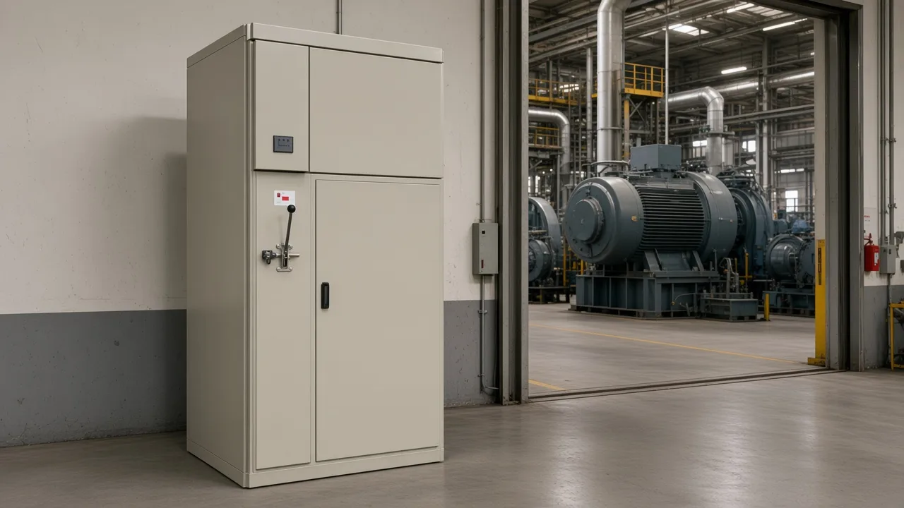 Closed beige high-voltage reactor starter cabinet beside a motor hall