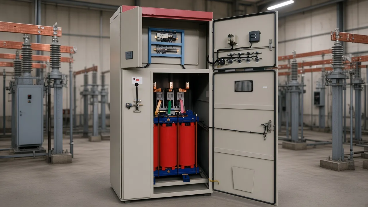 Beige high-voltage reactor starter cabinet in a switchroom with copper buswork behind it
