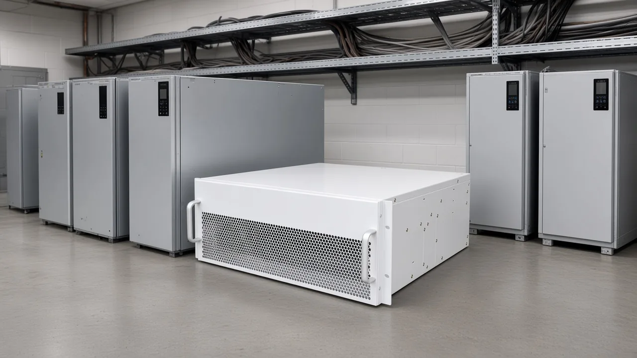 White cabinet beside unlabeled drive panels in a plant electrical room