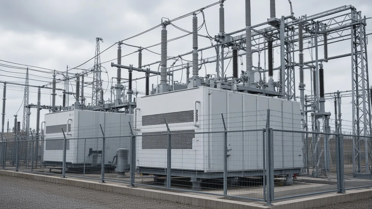 Large unlabeled enclosures in a high-voltage substation yard